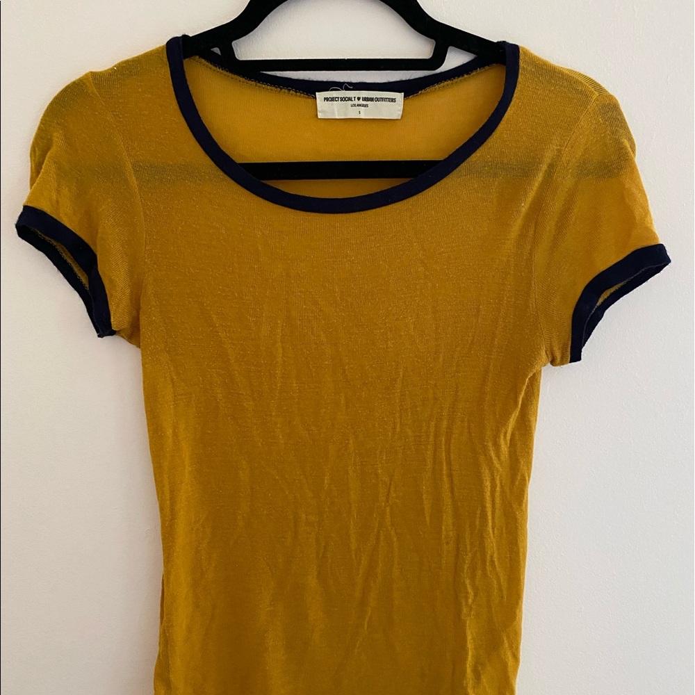 deep yellow with dark blue lining tee shirt